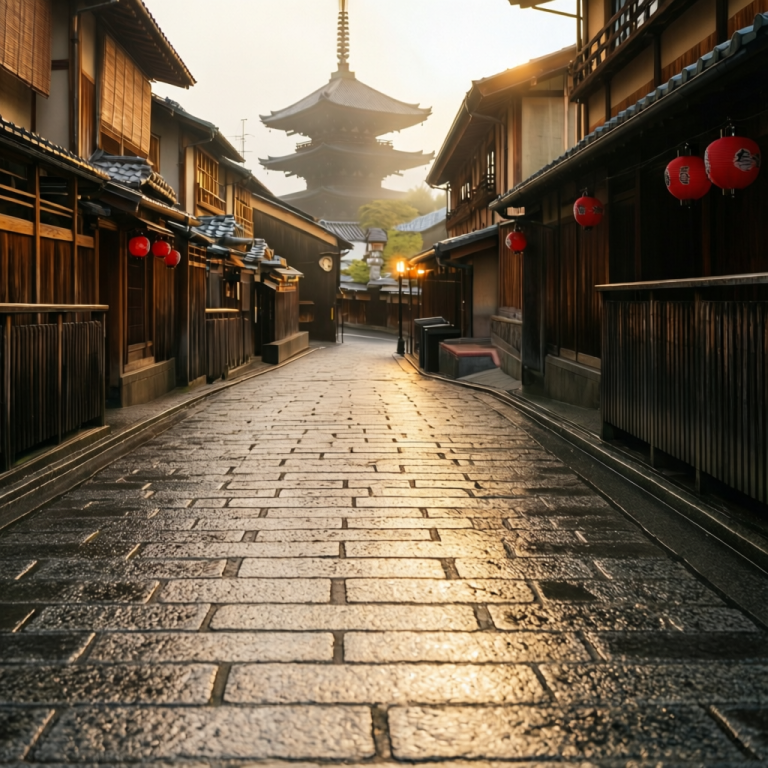 黃昏的日本老街石板路，空無一人