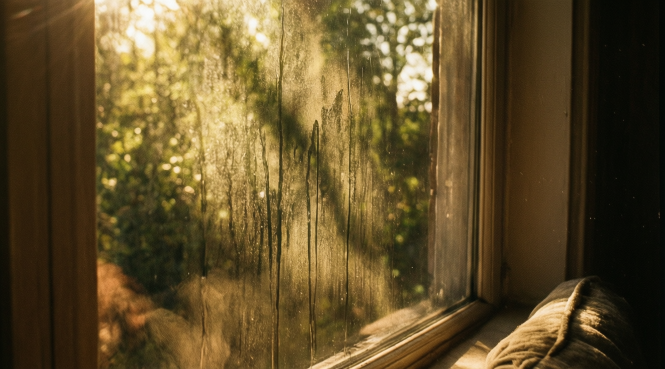 Window with water streaks in warm sunlight
